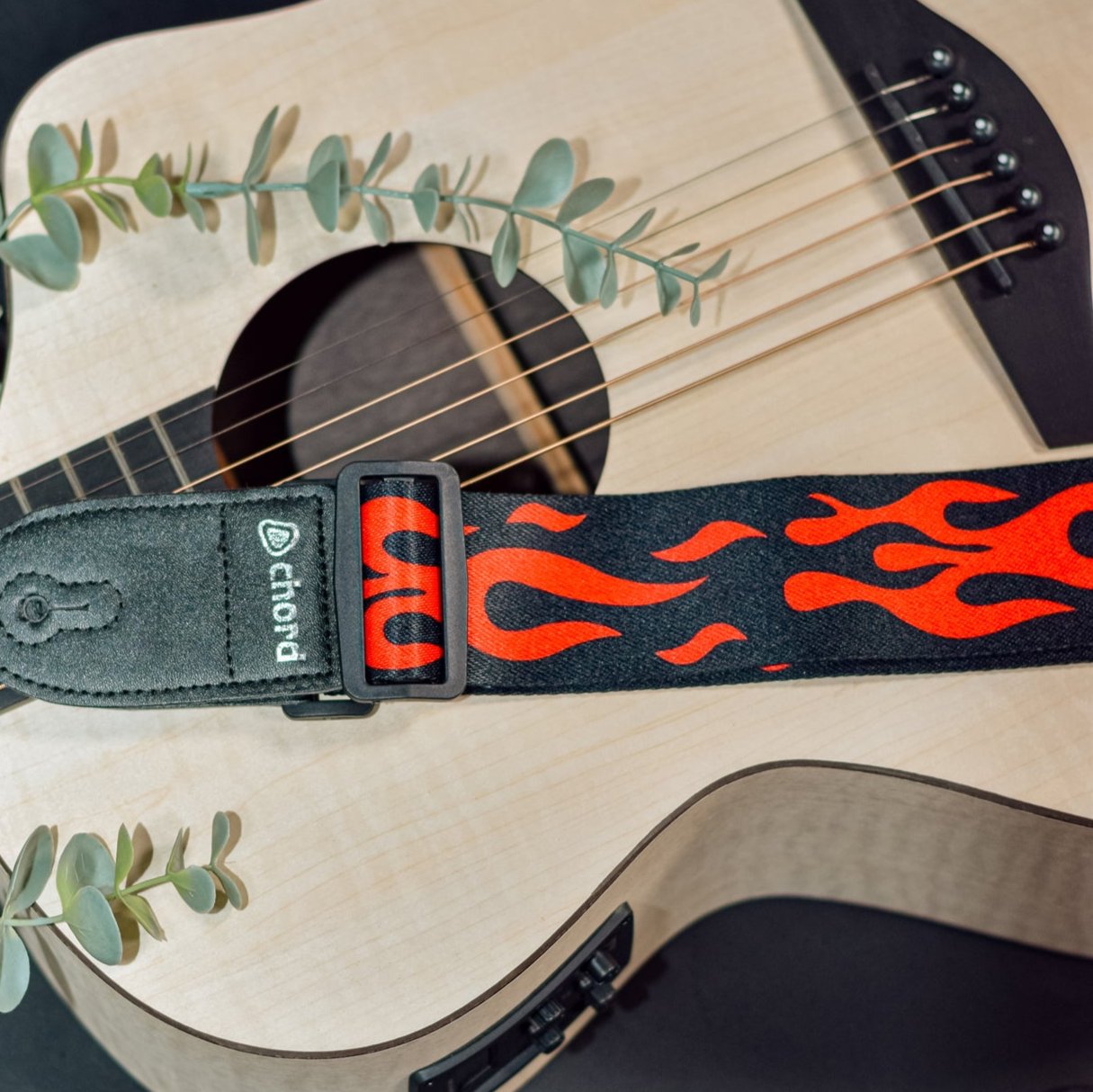 Guitar Strap Red Flames On Black Webbing