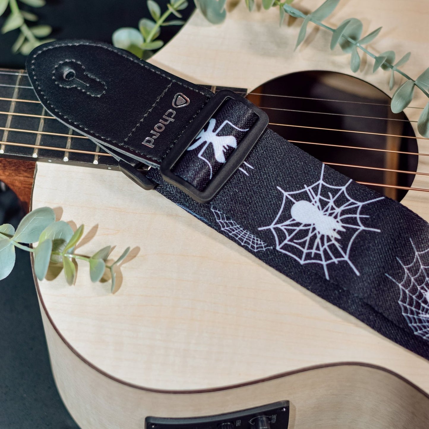 Guitar Strap White Spider & Web On Black Webbing