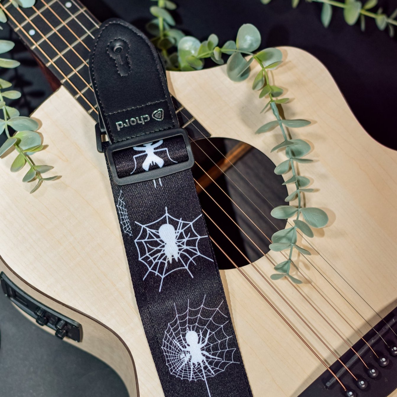 Guitar Strap White Spider & Web On Black Webbing