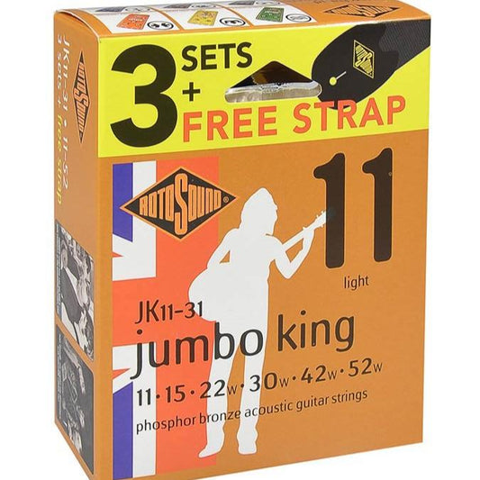 Roto Sound Acoustic Guitar Strings 11-52 Jumbo King 3-Pack FREE STRAP