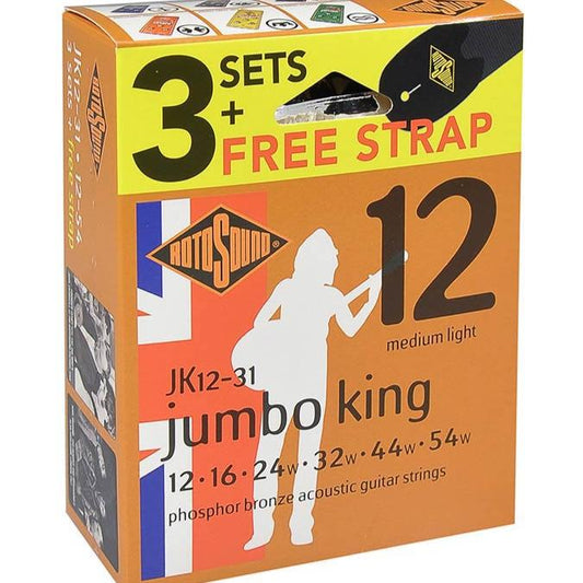 Roto Sound Acoustic Guitar Strings 12-54 Jumbo King 3-Pack FREE STRAP