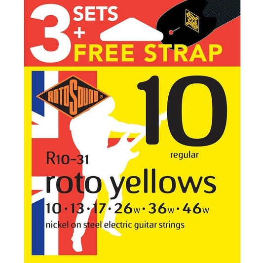 Roto Sound Electric Guitar Strings 10-46 Yellows 3-Pack FREE STRAP