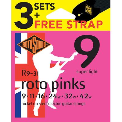 Roto Sound Electric Guitar Strings 9-42 Pinks 3-Pack FREE STRAP